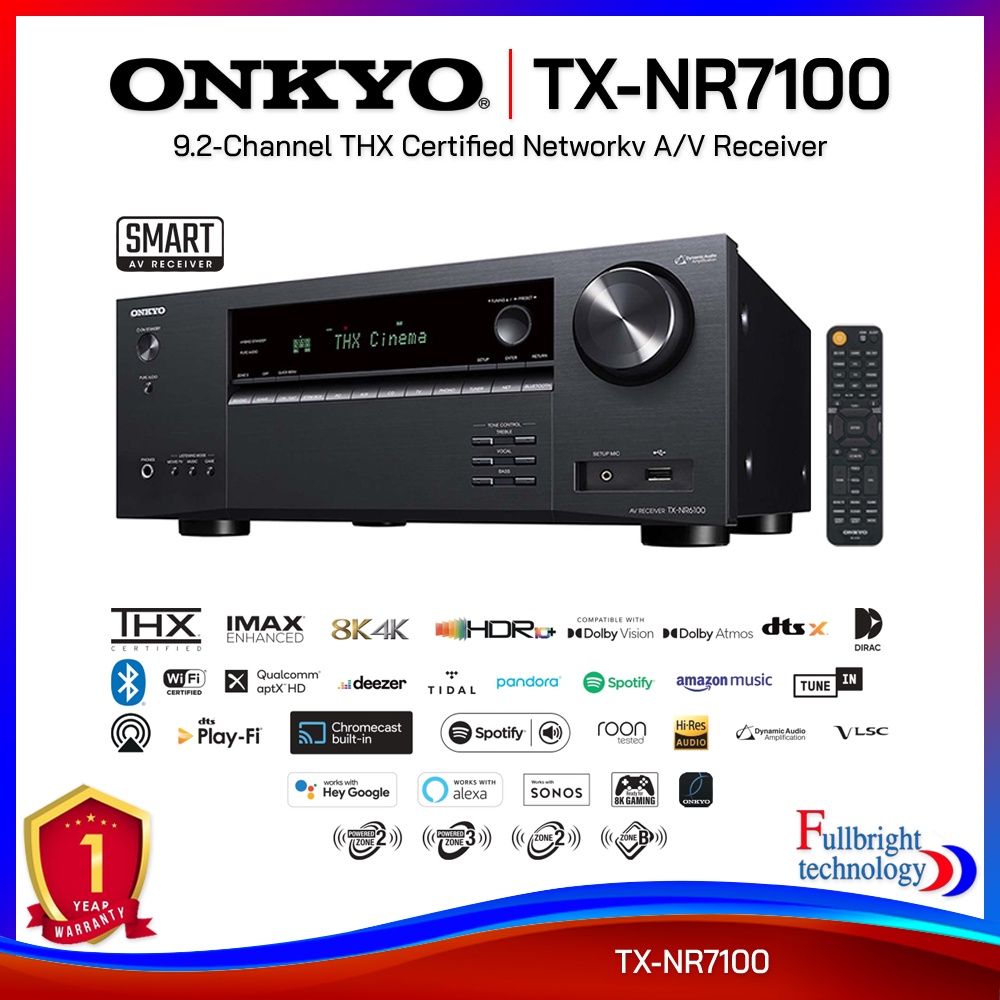 Onkyo TX-NR7100 9.2-Channel THX Certified AV Receiver 220 W/Ch รองรับ 4K, 8K, Dolby Atmos