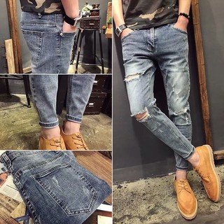 INS Fashion Jeans man ninth slim A35 กางเกงยีนส์ชาย กางเกงยีนส์ลายขาด แฟชั่น ทรงเข้ารูป 5 ส่วน