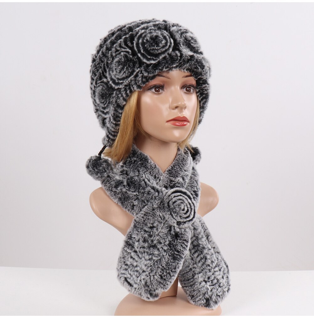 2 Pieces Sets Knit Real Rex Rabbit Fur Hat Scarf Women Winter Rex ...