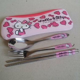 ชุด set กล่อง ช้อน ส้อม ตะเกียบ สแตนเลส ลาย คิตตี้ Kitty