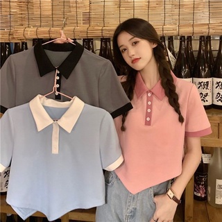 เสื้อยืดโปโล แขนสั้น สีคอนทราสต์ สไตล์ใหม่ สําหรับผู้หญิง แฟนสาว