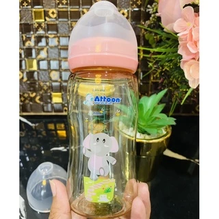 Newขวดนมคอกว้างสีชาATTOON 4zo.8zo.มาพร้อม จุกนมคุมการไหลมาตราฐานด้วยปริมาณรูป้องกันการเกิดโคลิค