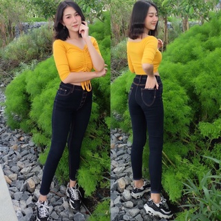 Cc jeans XXL 044 กางเกงยีนส์ผู้หญิง เอวสูง กระดุม 5 เม็ด เข้ารูป สีมิทไนท์ กระเป๋าแต่งลาย