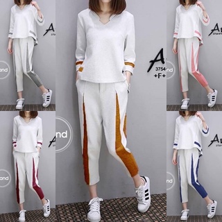 MF3754  Set 2 ชิ้น เสื้อทรง A หน้าสั้นหลังยาว ตัดต่อสีทูโทน มาพร้อมกางเกงขายาว6ส่วน งานผ้าzaraตัดต่อโฟร์เวย์ ลายผ้าสวยเก