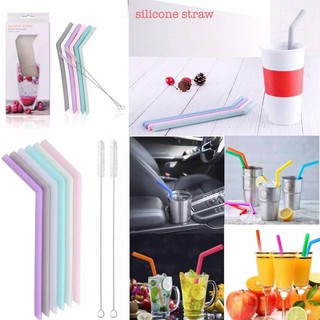 cherry Silicone Straw หลอดดูดน้ำซิลิโคนแบบโค้ง ดีไซด์สวยงาม เนื้อซิลิโคนนุ่ม จำนวน 6 หลอด พร้อมแปรงล้างหลอด 2 ชิ้นในชุด