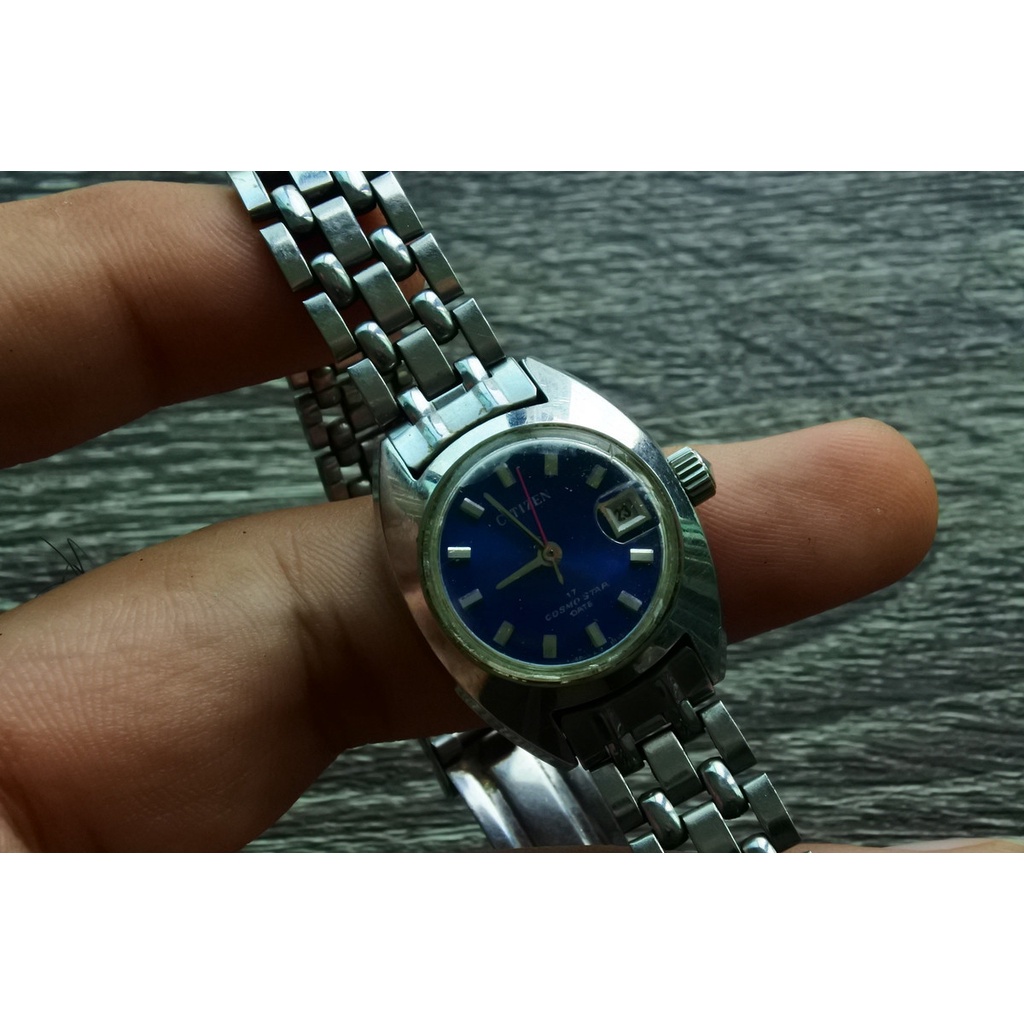 นาฬิกา Vintage มือสองญี่ปุ่น Citizen Cosmo Star Date ระบบ Automatic ผู้หญิง ทรงกลม กรอบเงิน หน้าปัดสีน้ำเงิน 23mm