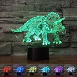 Triceratops โคมไฟตั้งโต๊ะอะคริลิค LED รูปไดโนเสาร์ 3D ไล่โทนสี 7 สี สําหรับตกแต่งบ้าน