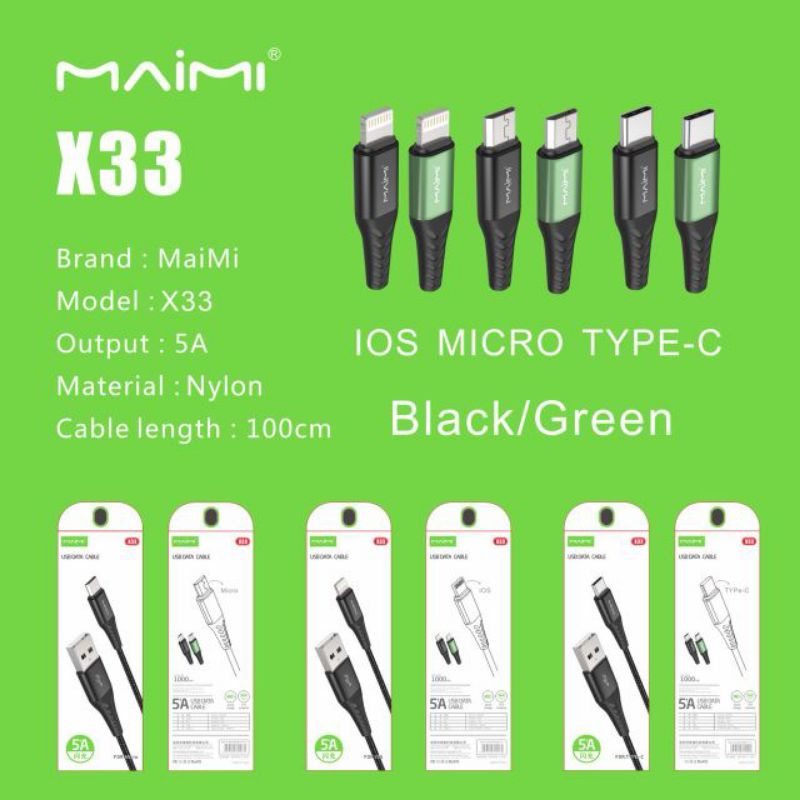 สายชาร์จ USB DATA CABLE งาน5A รุ่น iPhone micro type-c ยี่ห้อmaimi X33 งานดีชาร์จเร็ว #1