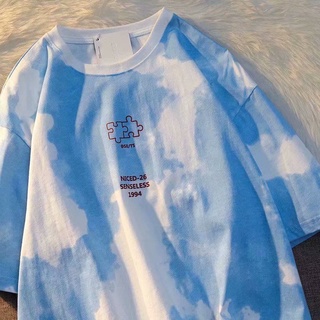 Blue tie-dyed summer short-sleeved T-shirt female students Korean Style Hong Kong style new lovers outfit all-matching h