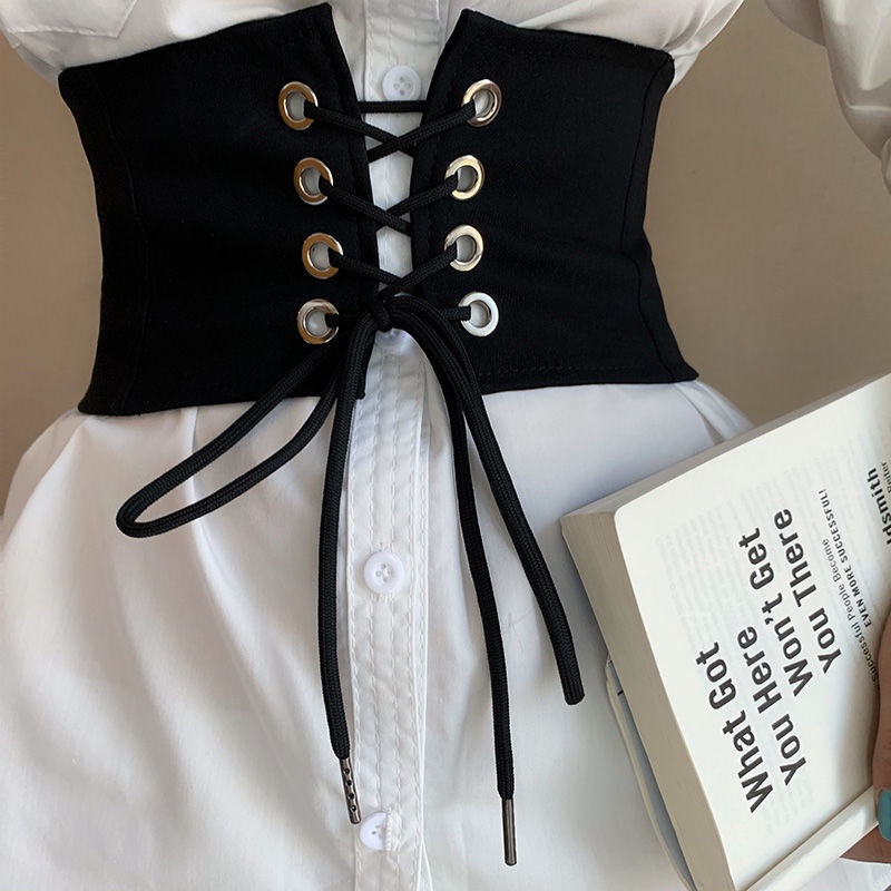 GHGl Girdle ผู้หญิงกว้างสีดํา Laced-Up แคบ-เอวตกแต่งอินเทรนด์จับคู่ชุดเข็มขัดเอวเข็มขัด All-Match แฟชั่น ins เข็มขัดสไตล์