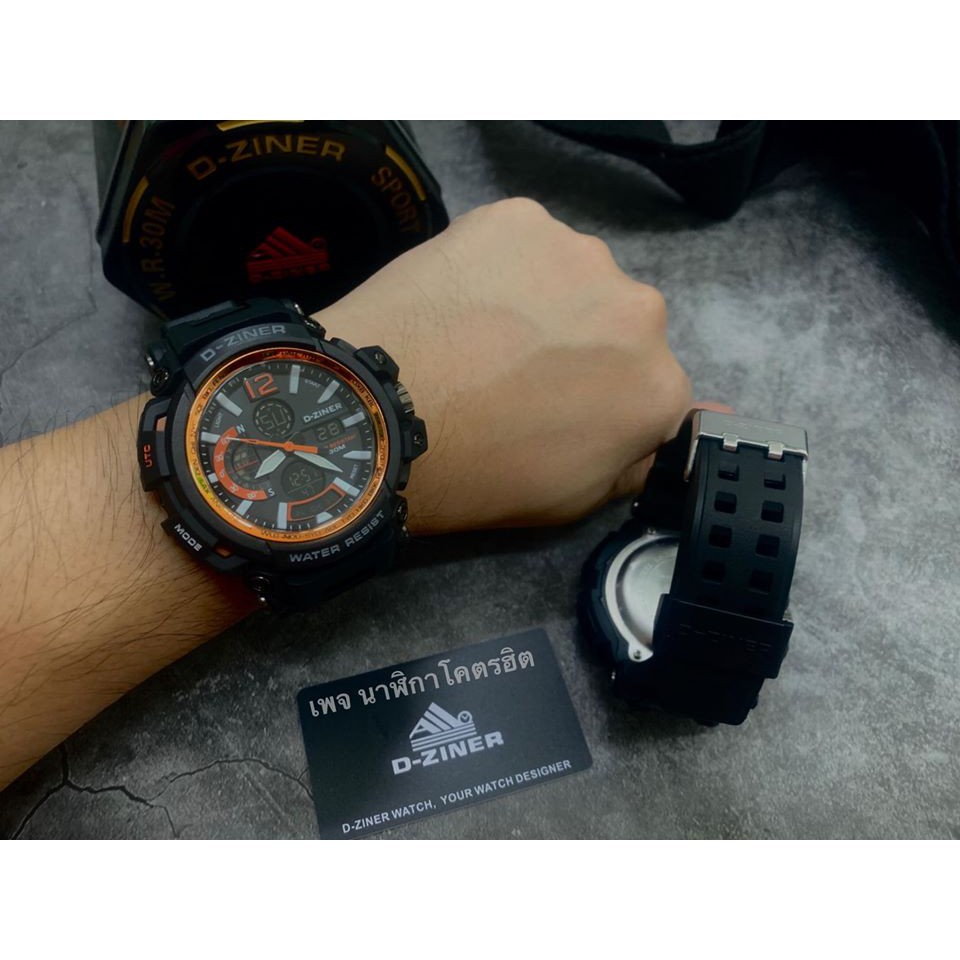 นาฬิกาแบรนด์แท้ D-Ziner Model : DZ-8228A สายดำตัดส้ม