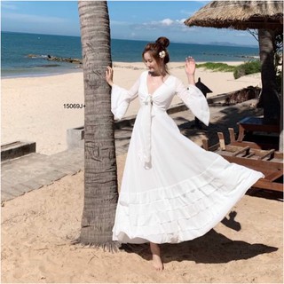 J15069 Dress แม็กซี่เดรสอกผูกโบว์แขนระฆัง bell sleeve bell sleeve maxi dress