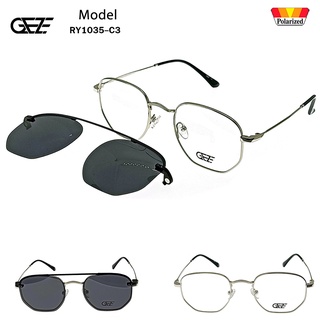 กรอบแว่นสายตา GEZE Clip-On รุ่น RY1035-C3 เต็มกรอบสีเงิน คลิปออนแม่เหล็ก เลนส์กันแดดPolarized