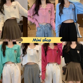 Mini shop🌸พร้อมส่ง🌸(91025) เสื้อครอปไหมพรมแขนยาว คอปก ปักหน้าหมีน่ารักสีคิ้วมาก
