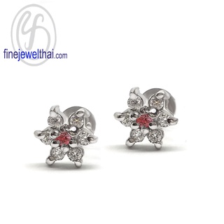 Finejewelthai-ต่างหูทับทิม-ทับทิม-ต่างหูเงินแท้-ต่างหูพลอย-ต่างหูเพชรCZ-Ruby-Silver-Earring-Birthstone-E1080rb