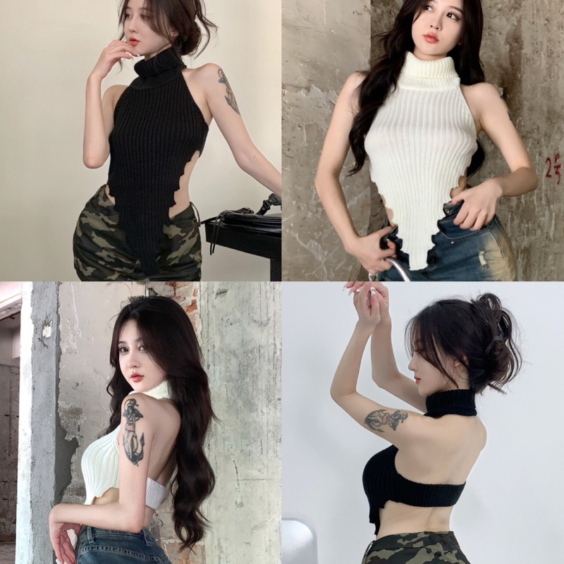 🖤🤍เสื้อคอสูง เว้าหลัง เว้าเอว มี2สี ขาว-ดำ 30AUG22