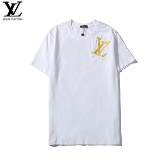 LV เสื้อยืดแขนสั้นผ้าฝ้ายพิมพ์ลายแฟชั่น Unisex