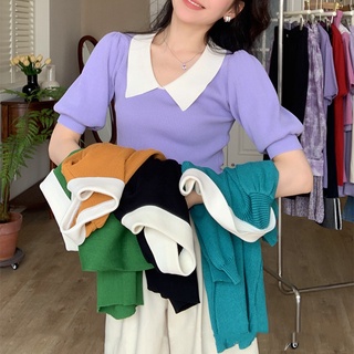 Suxi เสื้อครอปท็อป คอวี แขนสั้น ผ้าถัก ทรงหลวม เข้ารูป สไตล์วินเทจ แฟชั่นฤดูร้อน สําหรับผู้หญิง