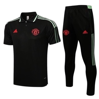 เสื้อกีฬาแขนสั้น ลายทีมชาติฟุตบอล Manchester United 22POLO และกางเกงขายาว คุณภาพสูง สีดํา และสีเขียว