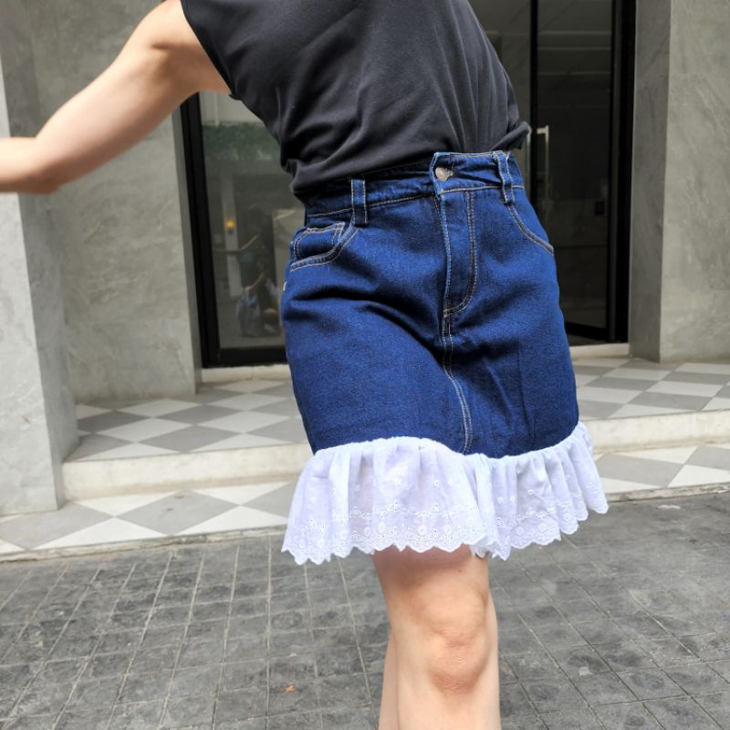 (L24) กระโปรงกางเกงลูกไม้ กระโปรงยีนส์ลูกไม้ กระโปรงยีนส์ denim skirt lace jean miniskirt အတွင်းခံဘေ