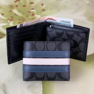 (ผ่อน0%) กระเป๋าสตางค์ชาย มีไส้ 3-IN-1 WALLET IN SIGNATURE CANVAS WITH VARSITY STRIPE (COACH 3008) สีเทาดำ คาดน้ำเงินขาว