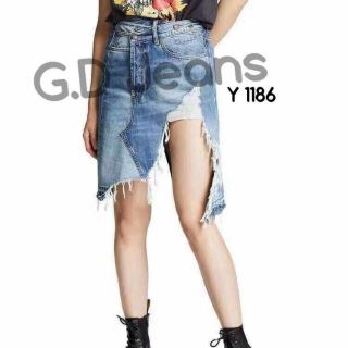 G.D.Jeans รุ่น Y 1186 #กระโปรงยีนส์ผ้าด้านสีฟอกซีดแต่งขาดเซอร์ๆเก๋ๆ 💦💦