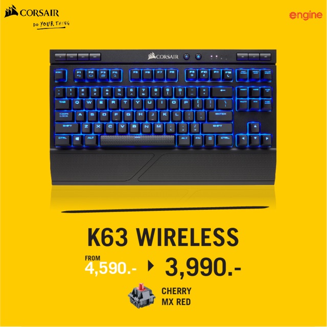 Corsair K63 Wireless Mechanical Gaming Keyboard คีย์บอร์ดเกมมิ่งไร้สาย 80% TenKeyLess สีน้ำเงินและไอซ์บลู