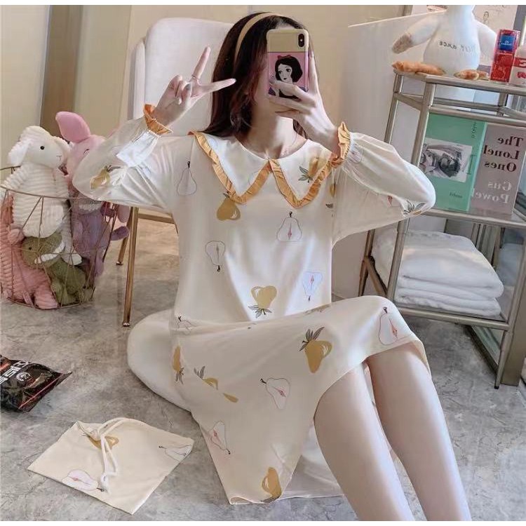 198-พร้อมส่ง ชุดนอนกระโปรงเเขนยาว พิมลาย พร้อมมีผ้าถุงให้ มีไซส์M-XXL กดสั่งเลยค่ะ