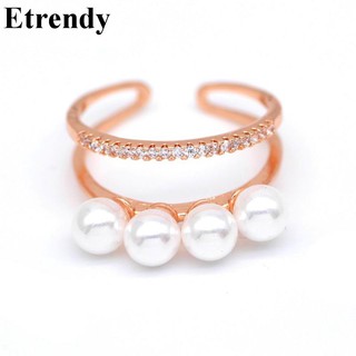 Etrendy แหวนมุกจําลอง สองชั้น หรูหรา สําหรับผู้หญิง สีทอง แฟชั่นใหม่ ขายส่ง น่ารัก ของขวัญ