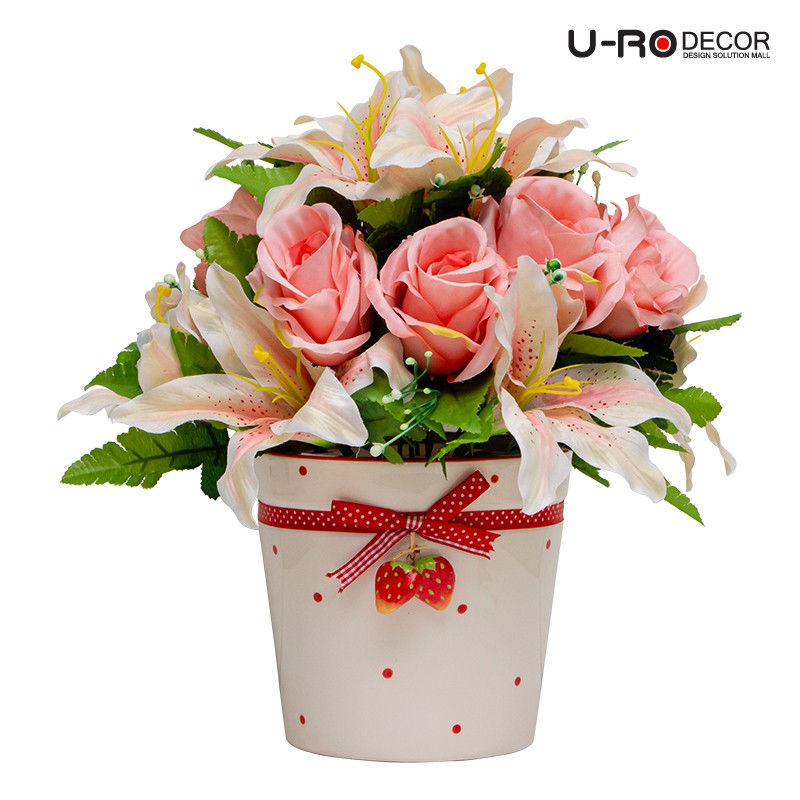 U-RO DECOR รุ่น ช่อลิลลี่&กุหลาบคละสีในกระถางดอกไม้ STRAWBERRY CHECKER-L RED (สตอเบอร์รี่เชกเกอ) สีแ