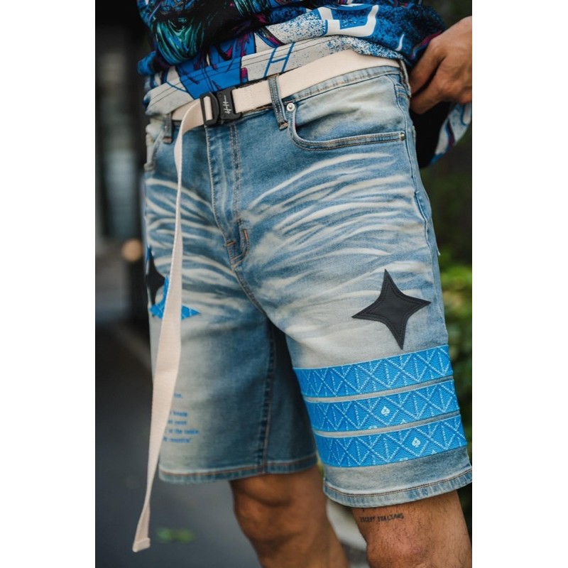 Holdem Blue H8 Casino Monogram Clean Washed Denim Shorts (Blue and Black Leather Patch)