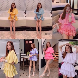 Mini Dress  เดรสแขนกุดคลุมระบายชั้นๆ สีพื้นผ้าไหมอิตาลี่ รอบเอวม็อค งานสวยเก๋ ใส่สบาย AP9615