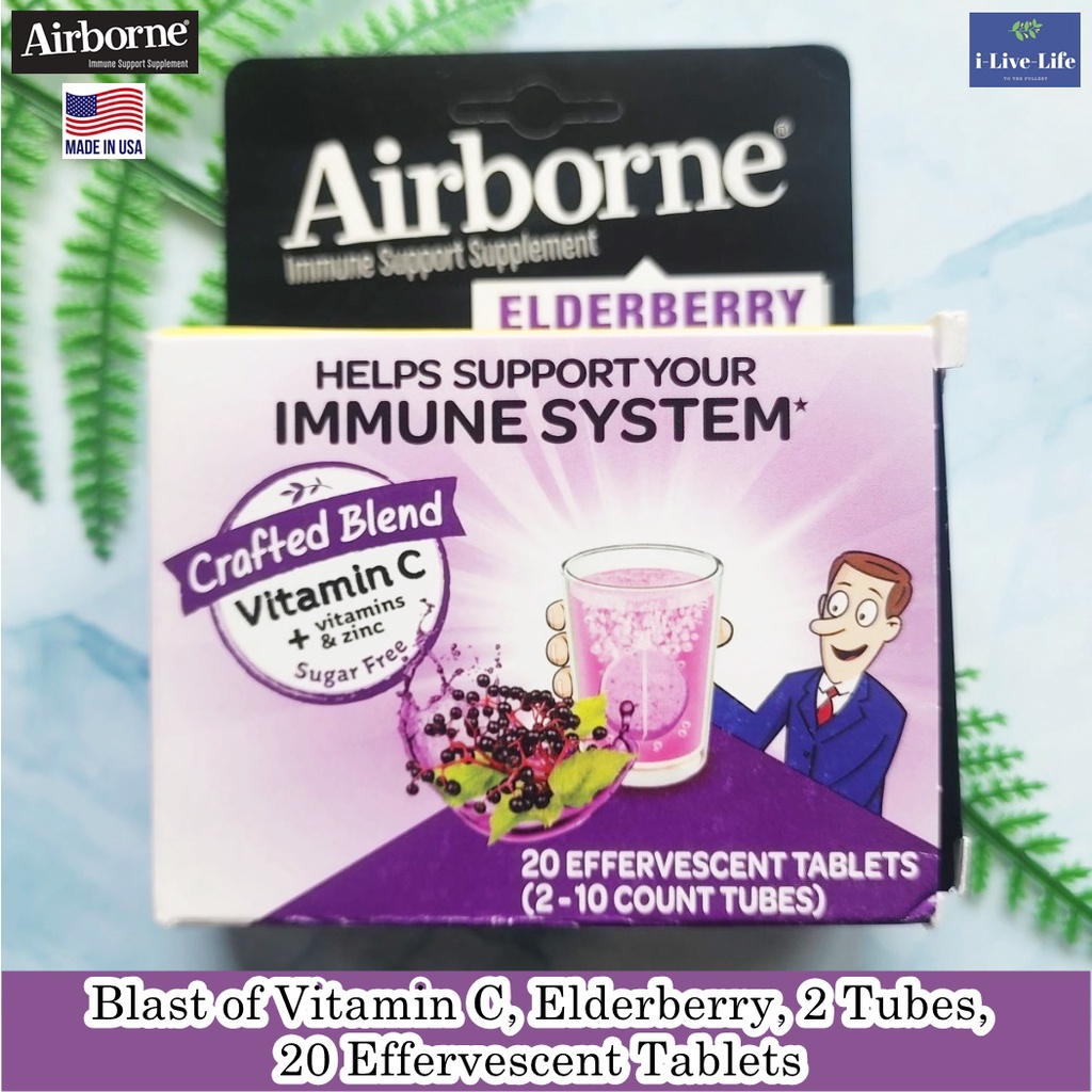 80% Sale!!! EXP: 01/2024 AirBorne - Blast of Vitamin C, Elderberry (2 Tubes) 20 Effervescent Tablets วิตามินซี เม็ดฟู่