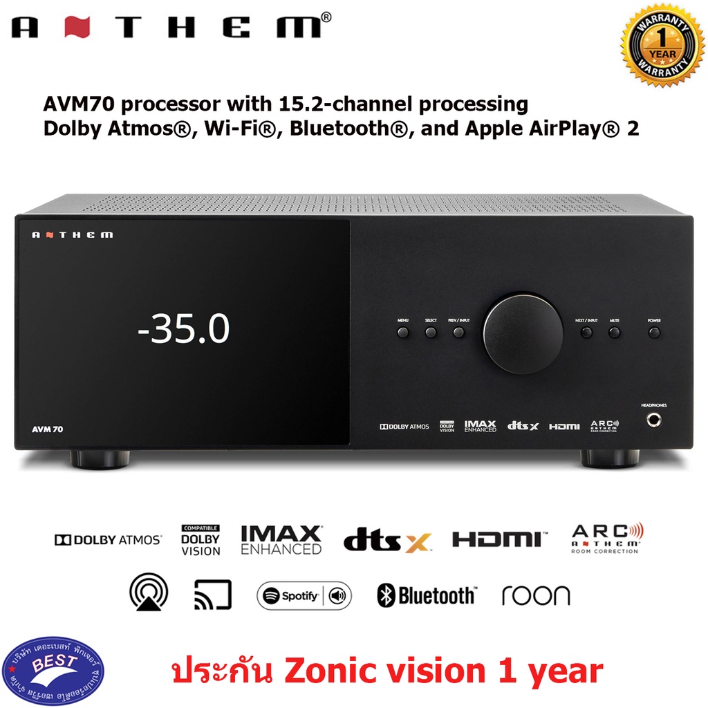Anthem AVM 70 processor with 15.2-channel processing, Dolby Atmos®, Wi-Fi®, Bluetooth®, and Apple AirPlay® 2
