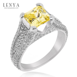 LenYa แหวนเพชร DiamondLike สีแฟนซีเหลือบเหลืองโชว์ปลายของ DiamondLike ดีไซน์ฉบับอิตาลี่ ตัวเรือนเงินแท้ ชุบทองคำขาว