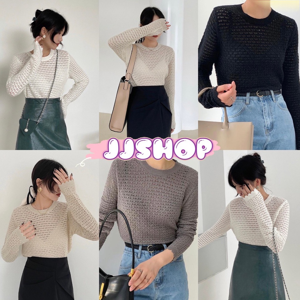 JJ shop พร้อมส่ง เสื้อถักไหมพรม คอกลมแขนยาวซีทรูบางๆระบายดีมากปลายเสื้อหยัก"73191" -N