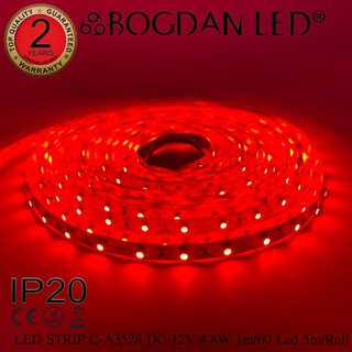 LED STRIP C-A3528-60-RED DC-12V  4.8W/1M IP20 ยี่ห้อBOGDAN LED แอลอีดีไฟเส้นสำหรับตกแต่ง 300LED/5M 24W/5M Grade A