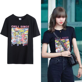 เสื้อยืดผ้าฝ้ายblackpink Lisa เสื้อยืดผู้หญิง oversize short sleeve กล่อง T shirt crop tops เสื้อผ้าแฟชั่นสไตล์เกาหลี#เส