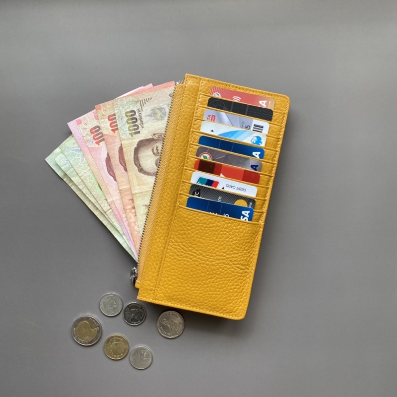 🌻พร้อมส่ง กระเป๋าใส่บัตรทรงยาว ใส่บัตรได้เยอะ ใส่แบงค์พันได้ หนังแท้ #0680