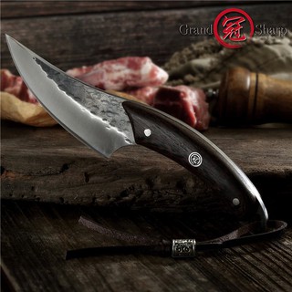 มีดแล่ Butcher chef knife มีดแล่เนื้อ มีดเชฟ มีดสนาม Grandsharp ใบ 4.7" high carbon steel handmade ด้ามไม้ พร้อมเคสหนัง