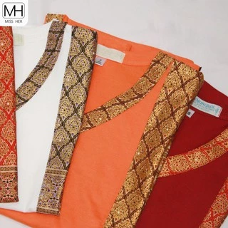 เสื้อยืดคอวีแต่งผ้าลายไทย แบบตรง [ชุดที่ 2]
