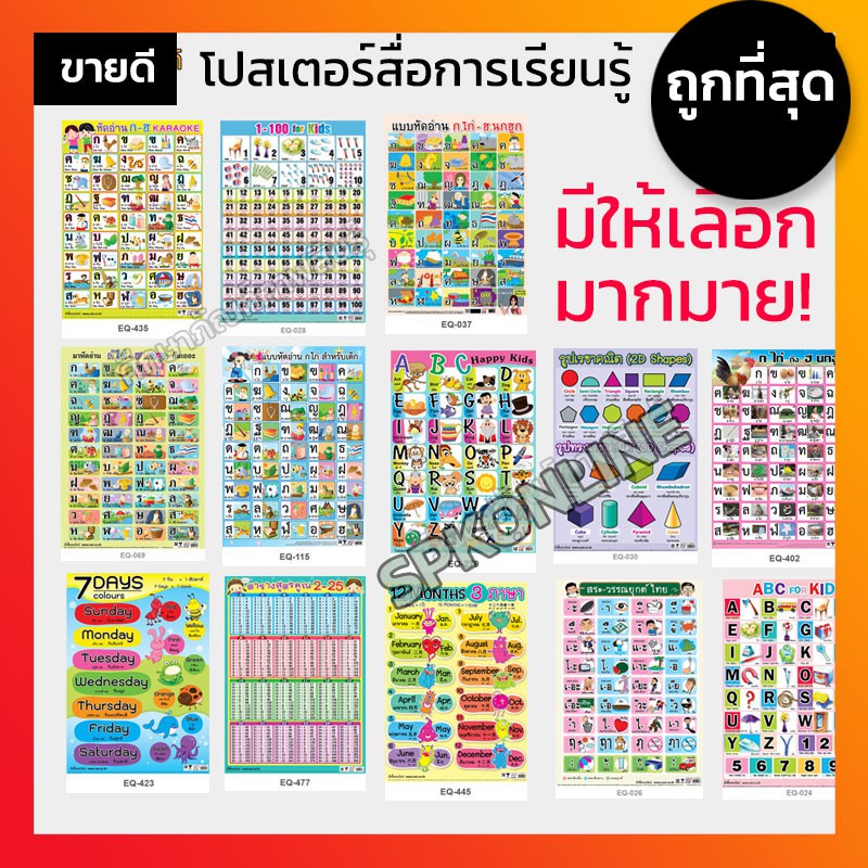 โปสเตอร์หัดอ่าน แบบหัดอ่าน ก ไก่-ฮ นกฮูก ก-ฮ abc a-z นับเลข เลขจีน ภาษาอังกฤษ1-100 สระ สูตรคูณ แผนที