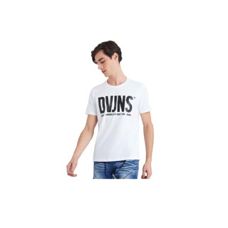 DAVIE JONES เสื้อยืดพิมพ์ลายโลโก้ สีขาว สีดำ สีน้ำตาล สีเขียว สีเทา Logo Print T-Shirt LG0034WH BK MA BR GR CD