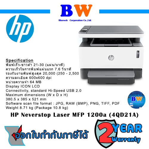 HP Neverstop Laser MFP 1200a / 4QD21A ปริ้นเตอร์พร้อมหมึกแท้  ประกัน 2 ปี
