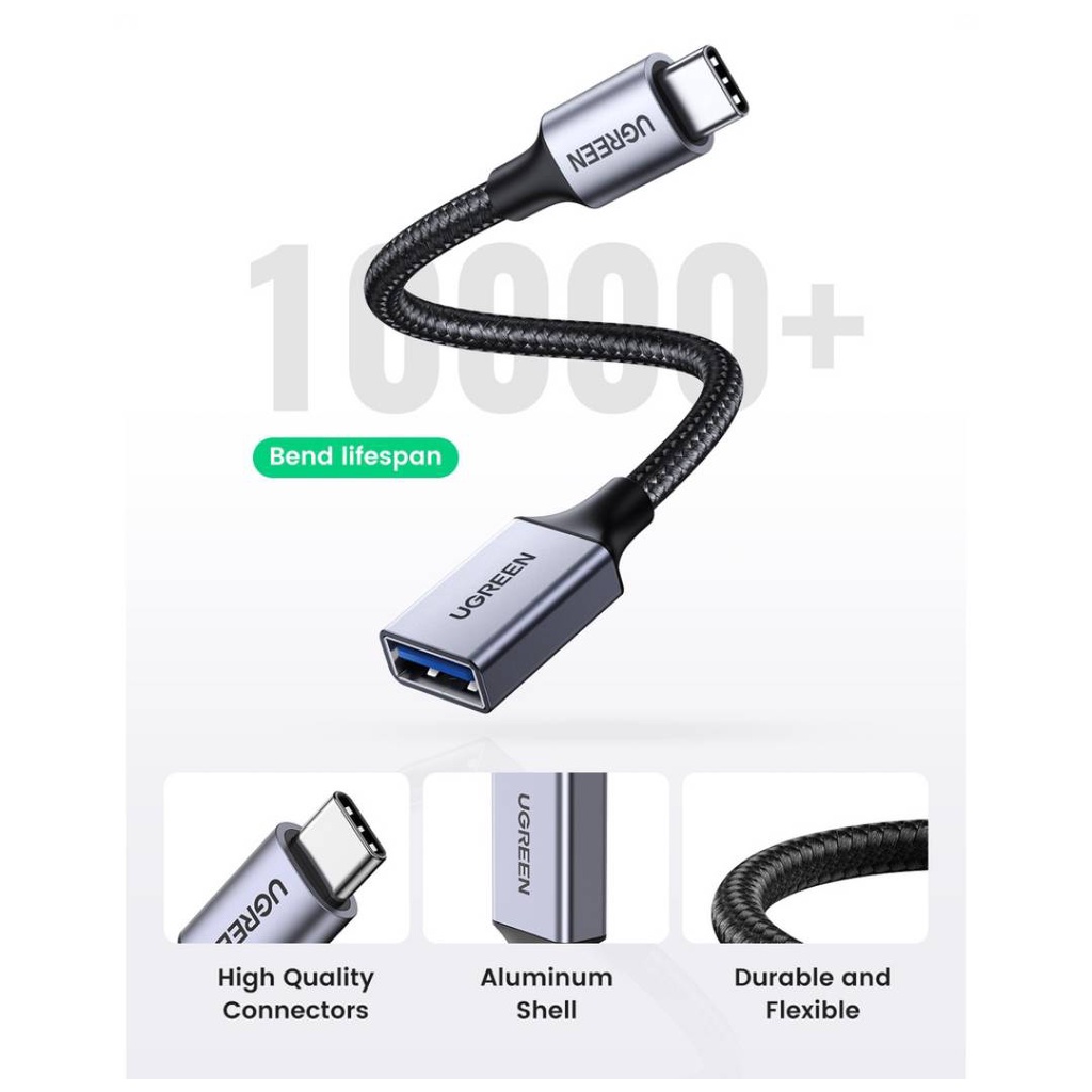 UGREEN รุ่น70889 อะแดปเตอร์เคเบิ้ลสายถัก Type C to USB 3.0 OTG โอนถ่ายข้อมูล 5Gbps รองรับมือถือ และแท็บเล็ต!!