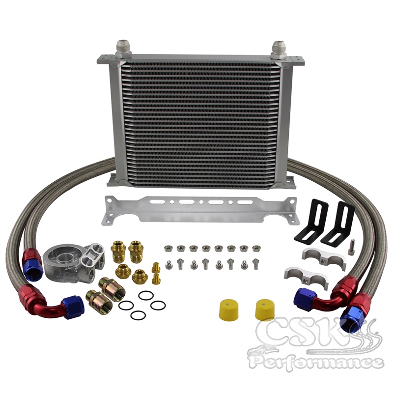 New 30 Row Engine Oil Cooler w/ 80 Deg Thermostat Plate + AN10 Oil Lines Kit Silver / Black