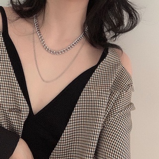 🔥SALE 🖤 พร้อมส่ง สร้อยคอโซ่เส้นคู่สีเงินใหญ่และเล็ก เท่มากค่ะะ