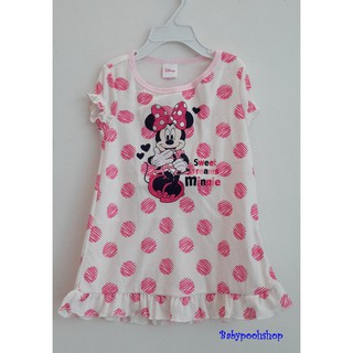 Disney : ชุดนอน ผ้า cotton ยืด สีขาว ลายจุดชมพู ปักรูปมินนี่ size 12m / 18m