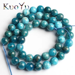 15นิ้ว) หินบลูอะพาไทต์​ หินแห่งชัยชนะและความมั่งคั่งร่ำรวย​ A+ Natural Blue Apatite Gem Stone Beads Smooth Round