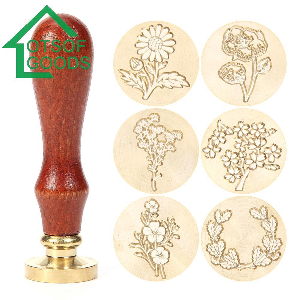 【lotsofgoods】 Retro Plant Pattern Sealing Wax Wooden Handle Wax Seal Stamps for Envelope